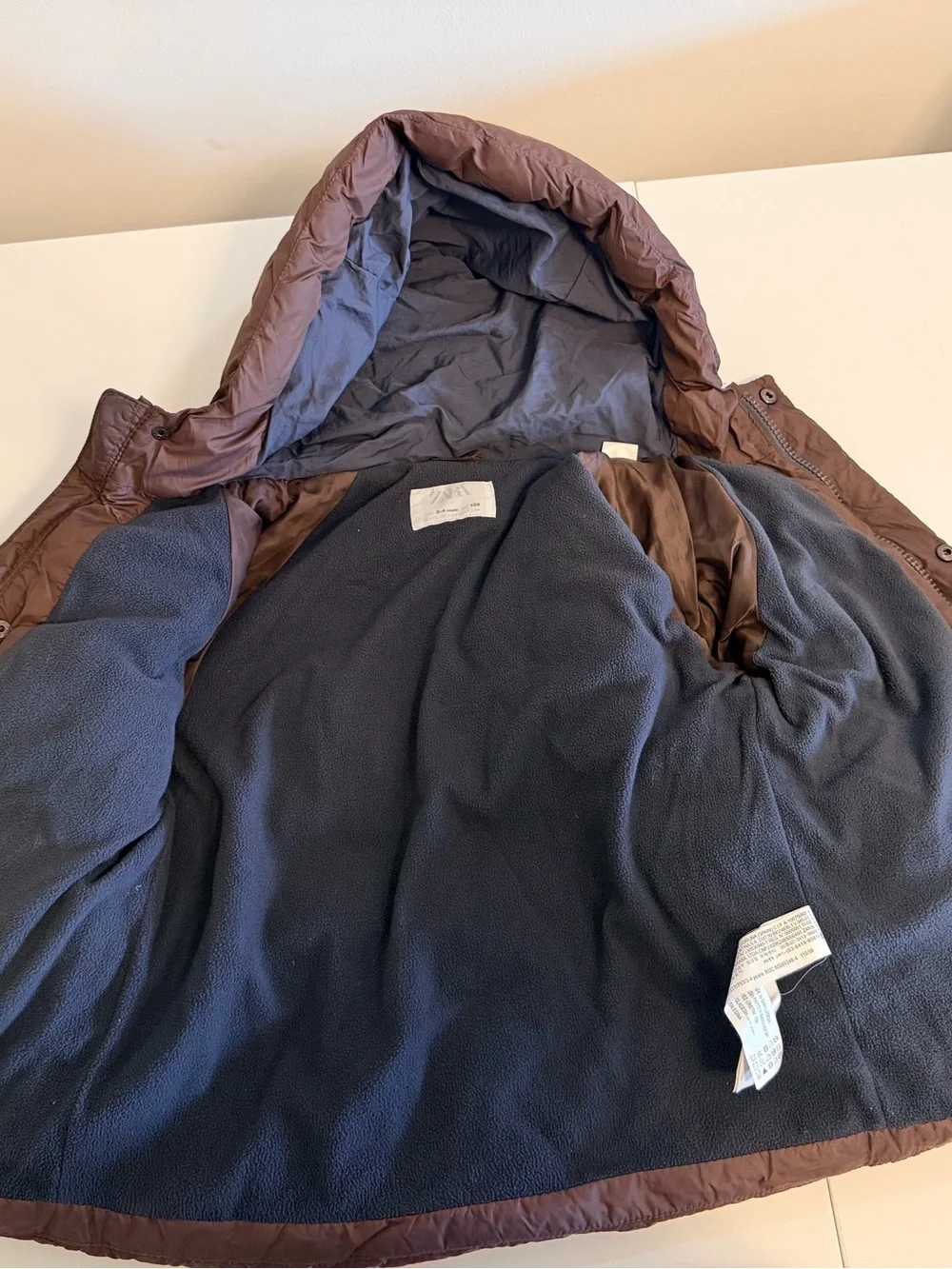 Zara Kids Chocolate Brown Hooded Puffer Coat Fleece Lined 3-4 Years 104cm
